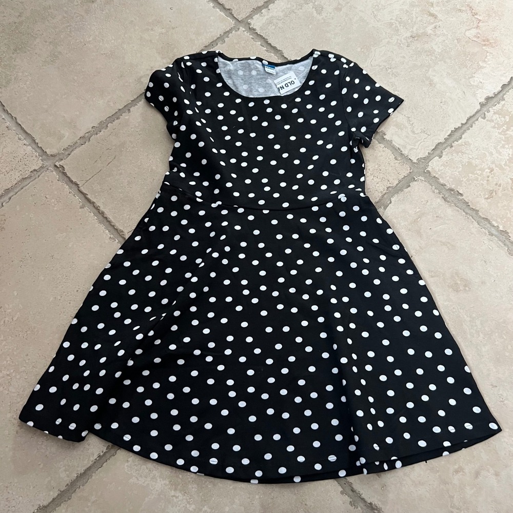 NWT Old Navy Girl 8 Black White Polka Dot Cotton Fit Flare Dress Pocket Size M